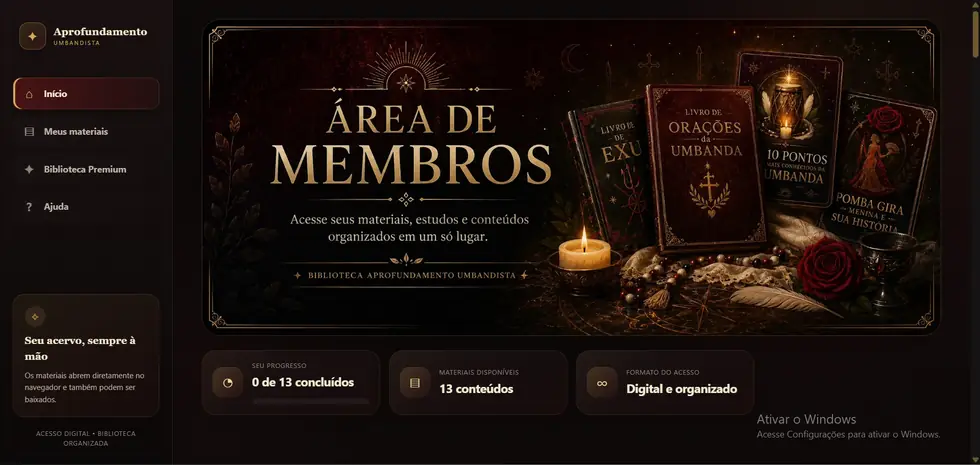Tela inicial da área de membros do Aprofundamento Umbandista